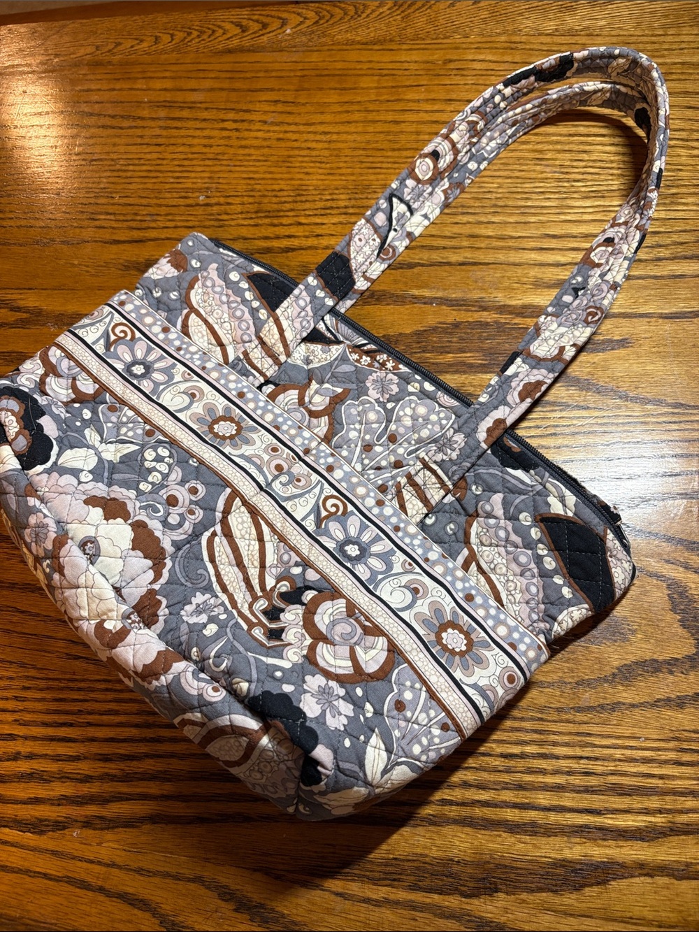 Quilted Floral Paisley Tote in Gray and Brown